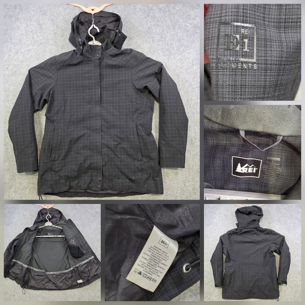 REI Jacket Womens Large Gray Plaid E1 Elements Hooded Soft Shell Rain Coat